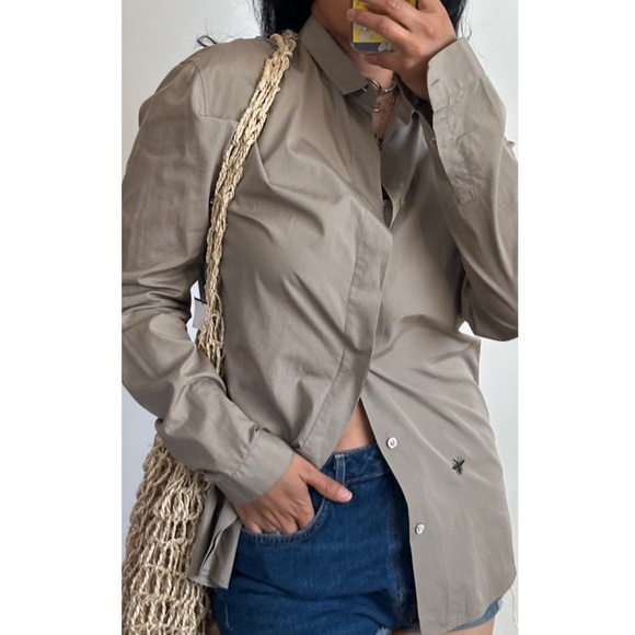 CHRISTIAN DIOR Designer Classic Cotton Poplin Button Down Bee Shirt in Brown-39